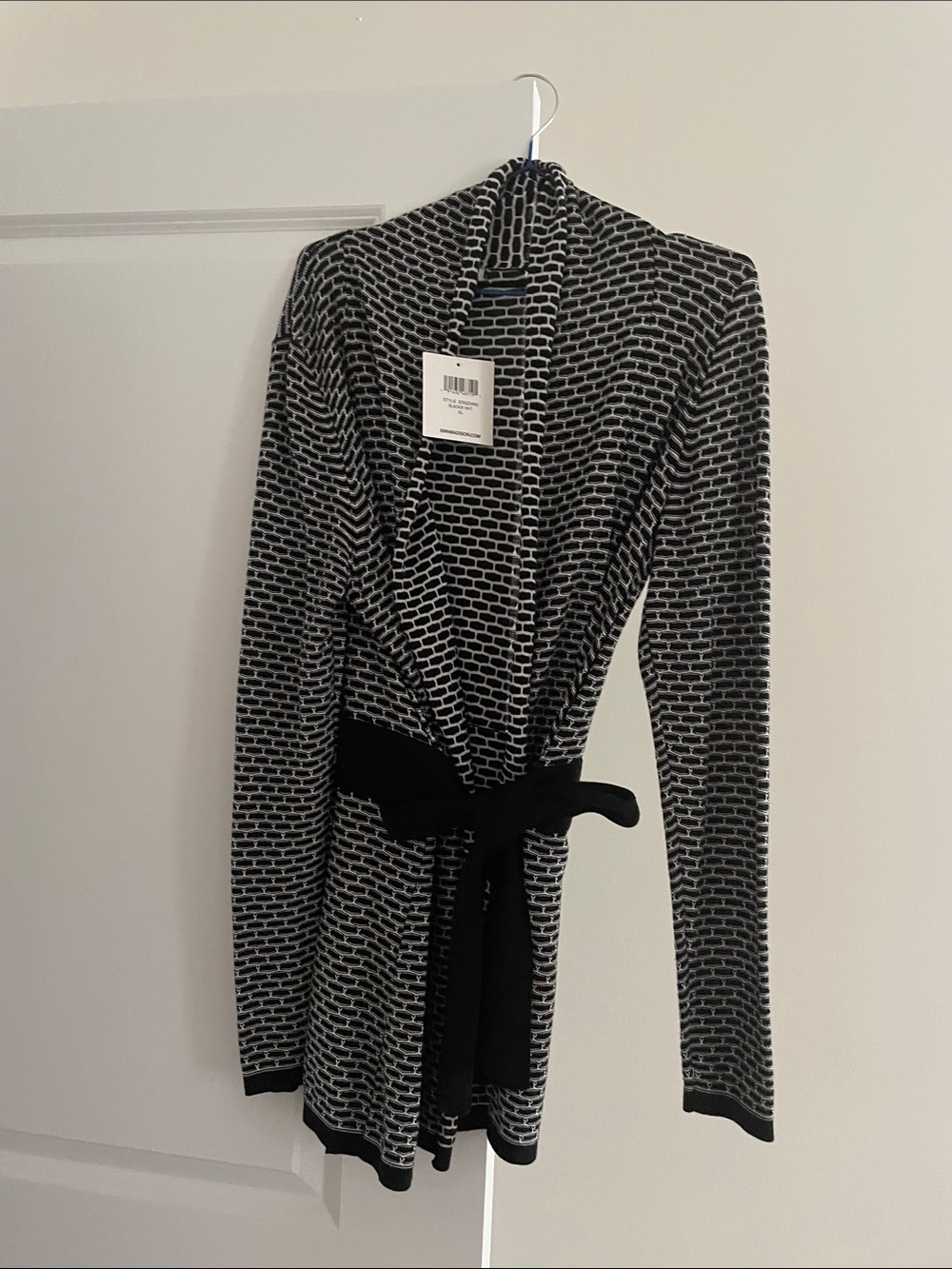89th & Madison Black and White Long-Sleeve Wrap Knit Dress with Belt